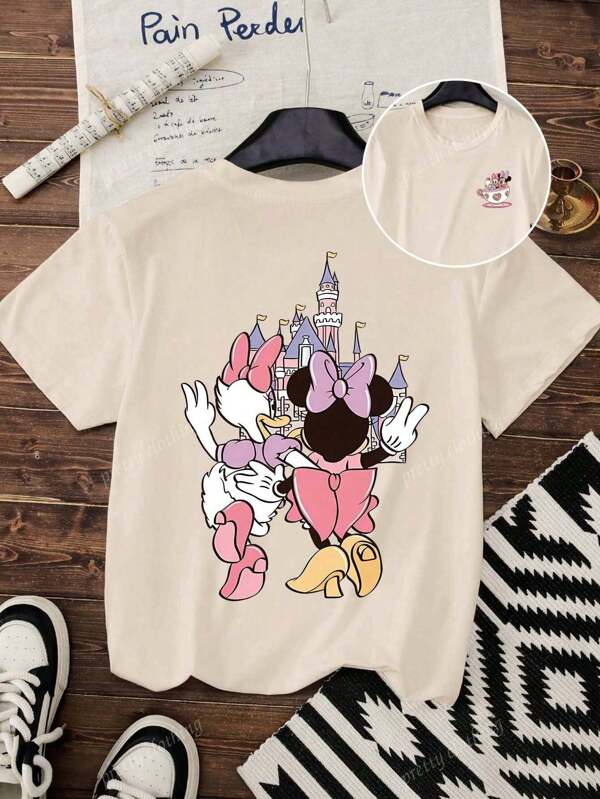 Disney Women's New Round Neck Short Sleeved Plus Size Summer, Casual Style Anime Patterns Printed Plus Size Round Neck T-Shirt, Sweet And Gentle Temperament, Slim And Comfortable Summer Tops, Suitable For Daily Casual Wear, Graphic Tees Women, Khaki Colored Top, Summer Outfits For Women ﻿