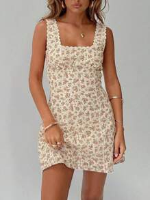 Womens Summer Tank Dress Sleeveless Square Neck Lace Trim Solid Color A-Line Dress Short Mini Dress