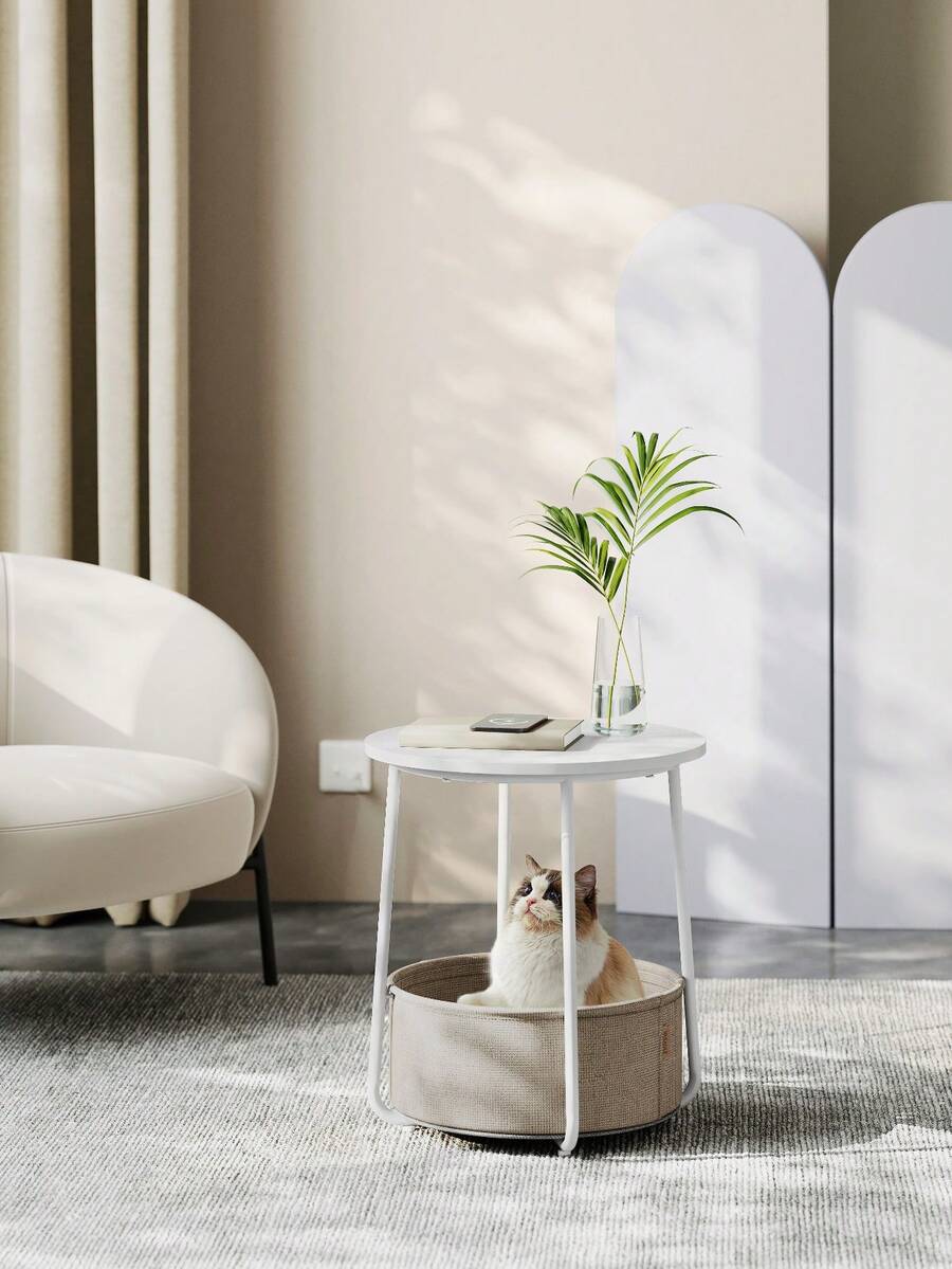 Petite Table Basse Ronde, avec Panier en Tissu, Rangement, pour Salon, Chambre, Table de Chevet, Style Moderne, Noir Boisé et Gris Ardoise/ Noir Boisé et Bleu Turquoise/ Gris Tourterelle et Gris Ardoise/ Gris Ciment et Blanc Crème/ Beige Naturel et Blanc Crème/ Rose Bonbon et Blanc Crème/ Blanc Mat et Marron Camel - Blanc + Café - Voir 1