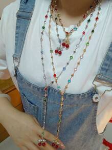 1 pezzo nuovo collana a Y in stile boho con farfalla e perla, colore oro/argento, adatto per festa, gala, decorazione vacanze, estate, spiaggia, colore strass casuale