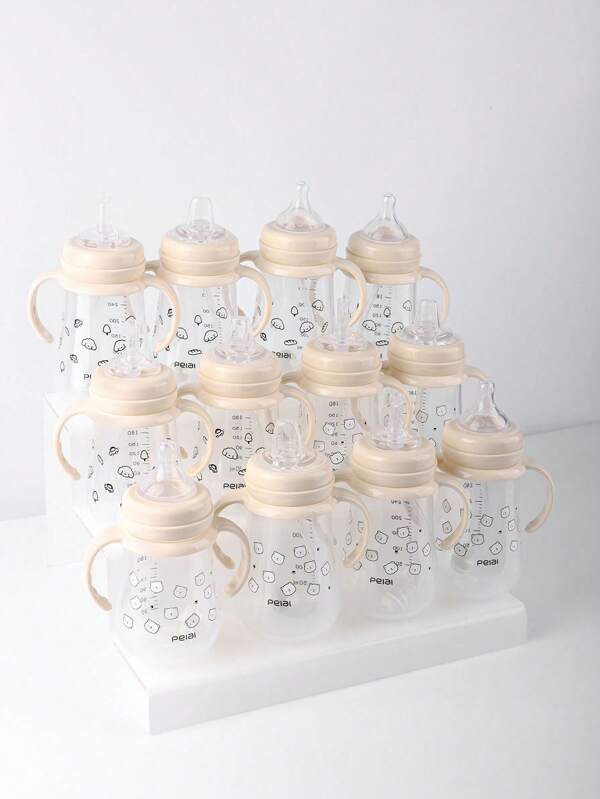 1 szt. Butelka na mleko z motywem misia i owcy z silikonowym smoczkiem, ustnikiem ze słomką, uchwytem, zapobiegająca kapaniu, odpowiednia dla niemowląt