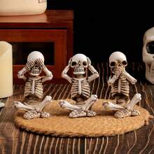 1 set de 3 pièces Décoration d'Halloween pour la maison, Squelette ne voit pas le mal, n'entend pas le mal, ne parle pas le mal. Convient pour le bureau, le salon, la chambre, la décoration d'ambiance du bureau de bar. Figurines en résine artisanales à collectionner, ensemble cadeau créatif.