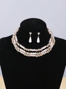 3 pièces Set de collier ras-du-cou et boucles d'oreilles à 3 rangs en zircone et perle, accessoire de robe de mariée, collier à gland