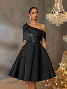 Faeriesty Luxury Sequined A-Line Asymmetrical Neck Bow Dress - Spring/Summer Formal Wear For Weddings, Private Parties & Galas, Party Dress, For Cocktail