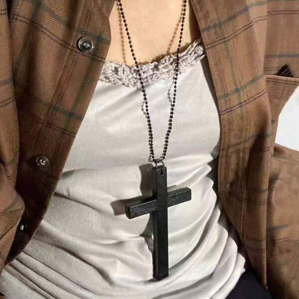 1pc Vintage Gothic Cross Choker Necklace, Black And White Christian Baptism Cross Pendant Necklace, Fashion Jewelry Chain For Women, Lolita, Punk Style