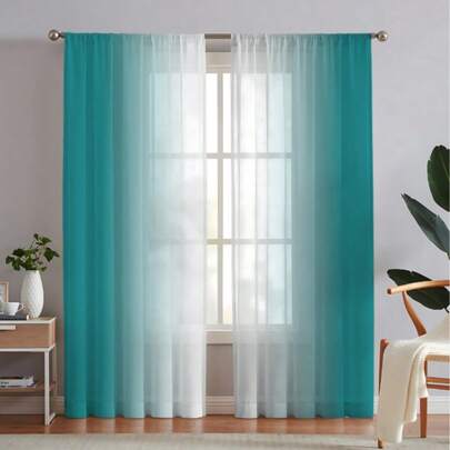 2pcs Modern Gradient Print Sheer Curtains, Lake Blue To White, Light Filtering Polyester Drapes For Living Room, Bedroom, Kitchen - Rod Pocket Design, UV-Resistant, Machine Washable, Curtains For Living Room