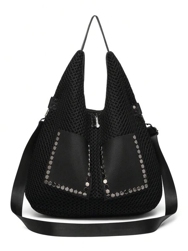 Bolsa Sacola de Tela Retrô, Bolsa Mensageira Grande de Rebites Punk com Alta Capacidade, Bolsa Feminina de Tamanho Grande