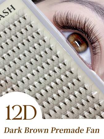 320Fans 16Rows/Box GM Beauty Lashes 12D Brown Color Premade Fans Lashes Pointy Base Sharp Thin Root 0.05mm Thickness C D Curl In 8-15mm Length For Eyelash Extension