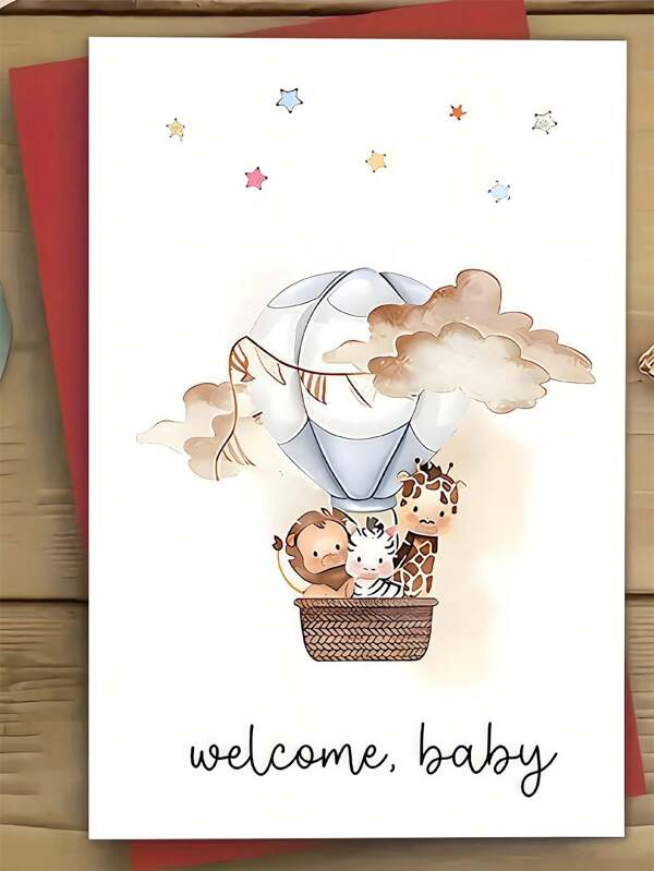 1st Heteluchtballon & Giraf Ontwerp Douche Wenskaart met Envelop, Leuke Doop & Geboorte Felicitatiekaart, Universele Papieren Kaart voor Familie, Vrienden, Nieuwe Moeders & Vaders