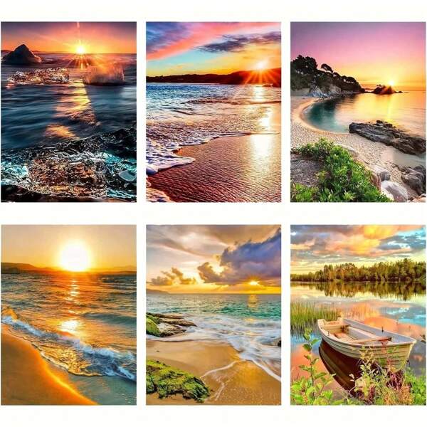 6pcs/Set 5D Diamond Painting Kits - Beach Sunset Landscape, Perfect Gift For Home Wall Decor