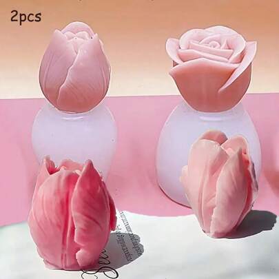 2pcs Tulip And Rose Candle Aromatherapy Silicone Mold, DIY Bouquet Decoration Ornament Mold, Flower Theme Asymmetrical Shape Plaster Resin Casting Moulds, Suitable For Handmade Soap, Candles, Aromatherapy Etc,Gift Making Supplies For Wedding Graduation Birthday Party Festival Decoration