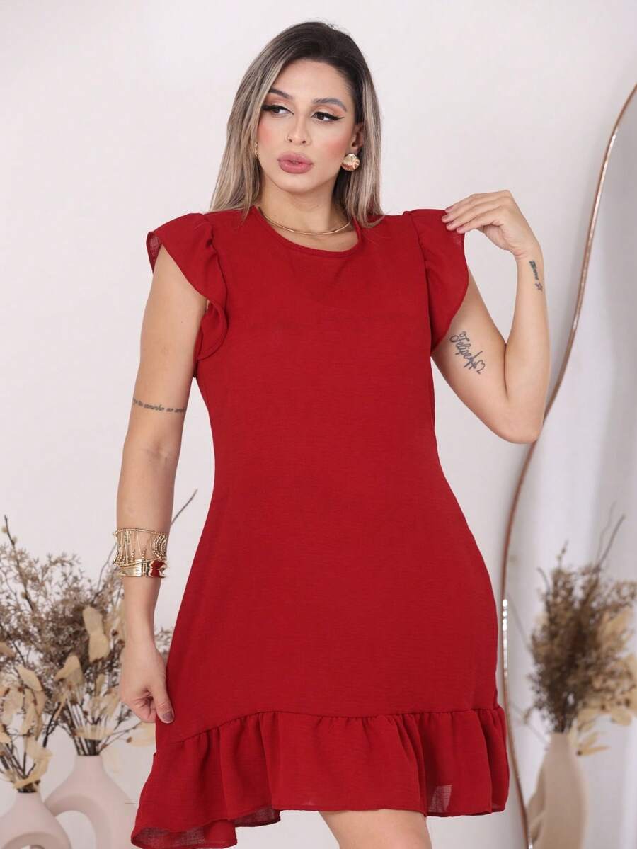 Plus Size Midi Dress, Large And Small Size, Ruffle, Puffy Princess Sleeve, Loose, Dune - Burgundy - View 1