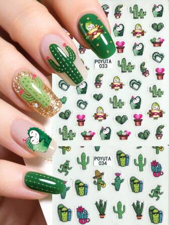 1 pièce Autocollant d'art pour les ongles en forme de cœur de cactus mignon, décoration d'ongles en plastique auto-adhésive, cactus vert de dessin animé, forme d'enveloppe et de cœur, thème de dessin animé, surface brillante, forme asymétrique, fournitures jetables pour salon de manucure DIY pour femmes