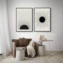 Set Of 2 Minimalist Sun Art Prints - Black & White Abstract Sunburst Designs - Frameless Modern Wall Decor For Living Room, Office - 2D Flat