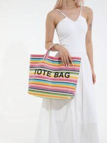 Bolsa tote de palha grande com letras listradas coloridas e bordadas, leve e prática, cor contrastante, bolsa para viagem na praia, adequada para mulheres, bolsa versátil, bolsa para laptop, bolsa de múmia, bolsa de viagem, bolsa grande unissex