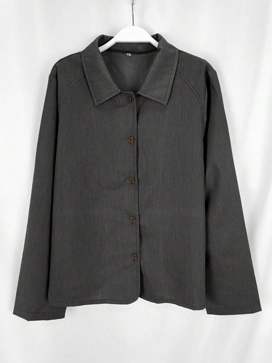 Women's Casual Solid Color Front Button Long Sleeve Thin Jacket - Dark Grey - View 1