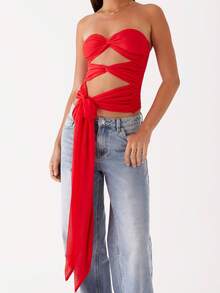 Women's Cut Out Tube Tops Ruched Strapless Bandeau Tops Y2K Sleeveless Twist Front Tie Knot Slim Fit Crop Top Coquette Summer Going Out Tops - 酒紅色 - 查看 3