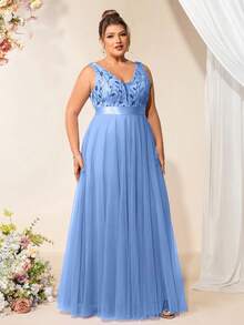 Plus Size Contrast Sequin Embroidered Mesh Bridesmaid Dress,Prom Gown, For Wedding Guest Gown, Graduation, Dinner Party Dress - Baby Blue - View 5