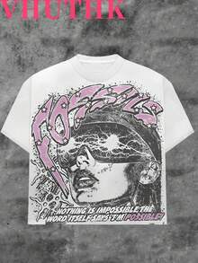 VHUTHK (180 Cotton T-Shirt) Letter 'FOSSILS' And Portrait Print Men's Summer Round Neck Short Sleeved Casual Cotton Print - White - View 1