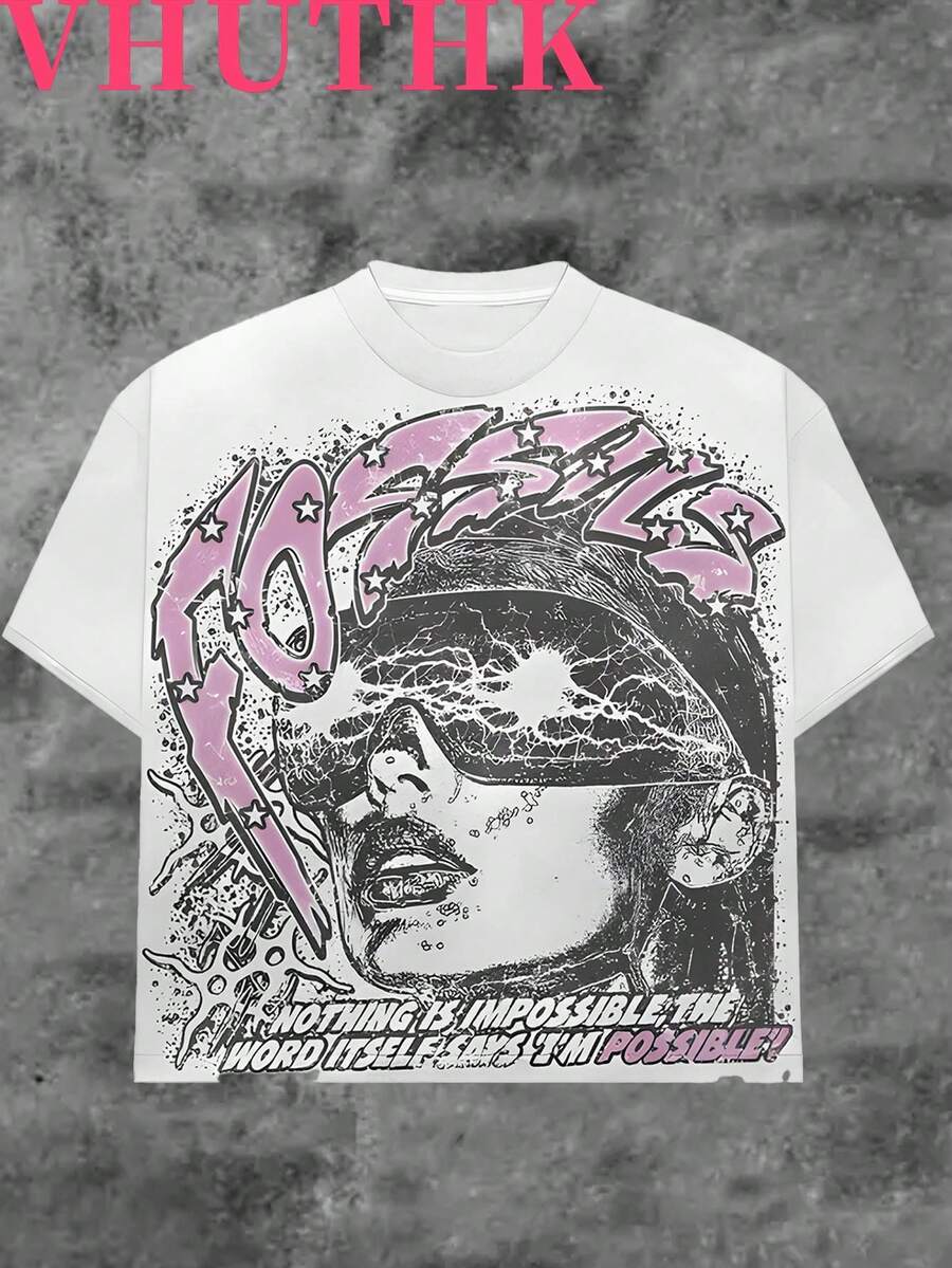 VHUTHK (180 Cotton T-Shirt) Letter 'FOSSILS' And Portrait Print Men's Summer Round Neck Short Sleeved Casual Cotton Print - White - View 1