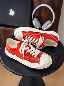 New Spring Men's Low-Top Canvas Sneakers, Niche Design Breathable Low-Top Lace-Up Thick Sole Slip-Resistant Lightweight Comfortable Skate Shoes, All-Match Vintage Casual Shoes