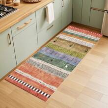 1 pieza Alfombra suave de cocina, Felpudo lavable antideslizante, Alfombra camino, Felpudo, Juego de alfombrillas de baño, sala de estar, lavandería, Alfombra de área, Decorativa apta para cocina, sala de estar, entrada, balcón, decoración del hogar, anti-suciedad, cafetería, bar, fiesta, regalo festivo, Alfombra de piso de dormitorio, Alfombra de baño, Decoración de habitación, Decoración de cocina, Diseño de reno en marco azul y blanco a rayas de fondo colorido