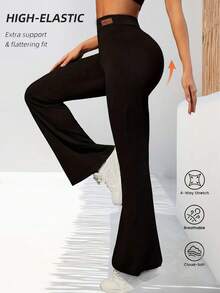 1pc Women's Spring/Summer High Waist Tight Fit Yoga Legging, Casual Flared Wide Leg Pants, Slimming Silhouette & Elastic 7/8 Length Bell Bottoms, Lightweight Fabric, Butt Lifting & Tummy Control Long Pants - Black - View 6
