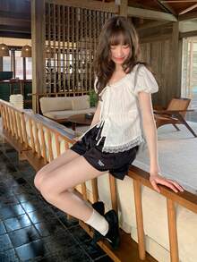 Sweet Girl Puff Sleeve Lace Trim Tie Waist Slim Fit White Blouse