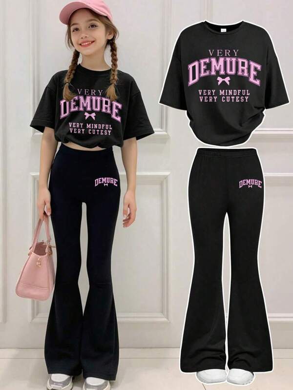 2pcs Teen Girl Demure Print Set, Short Sleeve Loose With Flare Pants Soft Two Pieces, Casual Wear Summer, Girls Sets