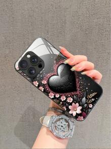 1 pieza Funda de teléfono de vidrio templado con diseño de corazón negro y brillo floral y de hoja rosa, compatible con iPhone 16 Pro Max/15/14 Plus/13/12/11/XR/8 Plus, Galaxy S25/S24/S23 Ultra/S22/S20, A53/A52/A15/A16/A04S