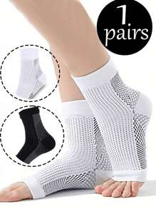 1 Pair Unisex Black/White Breathable Mesh Mid-Calf Socks, Non-Slip Running Fitness Moisture Wicking Elastic Athletic Socks
