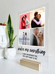 1 Placa de acrílico personalizada con foto de pareja, tamaño 4.72 X 6.29 pulgadas, con base de madera, perfecta para exhibir en el dormitorio, ideal para parejas, recién casados, aniversarios, regalos del Día de San Valentín