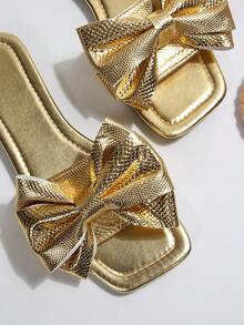 蝴蝶结拖鞋凉鞋，女士时尚沙滩拖鞋户外防滑蝴蝶结一脚蹬凉鞋，适合约会、购物、聚会、派对、宴会、日常外出、居家休闲 - 金色 - 查看 8