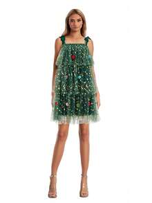 Women's Christmas Sleeveless Dress Tie Shoulder Strap Star Print Tiered Cake A-Line Tulle Dress - Green - View 10
