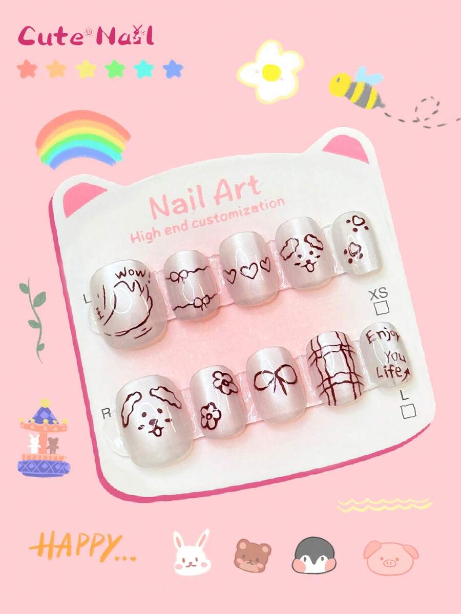 10 件方形纯手工按压指甲套装 DIY 指甲装饰可爱少女风格创意卡通可爱假日适合女士和女孩 1 件迷你指甲锉和 1 片粘性标签短方形假指甲，猫眼风格，熊风格，蝴蝶结，可爱风格，手工制作的可穿戴指甲