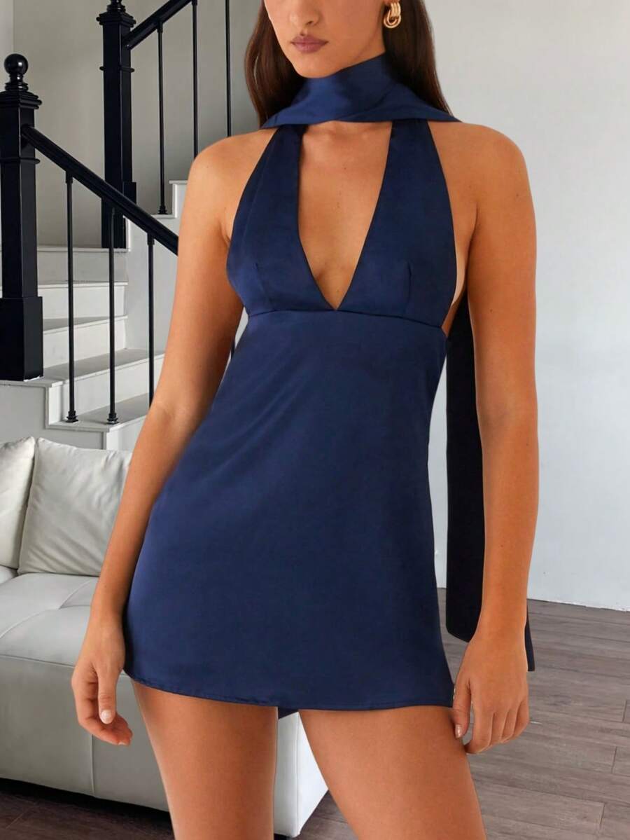 Women Halter Mini Dress With Scarf Sets Y2k Solid Color/Floral Deep V Neck Sleeveless Bodycon Short Dress Sexy Backless Low Cut A-Line Dress Summer Elegent Going Out Dress Cocktail Party Dresses Clubwear - 藏蓝色 - 查看 1