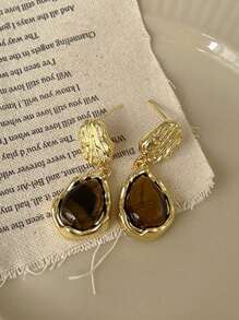 2pcs Maillard Tigereye Teardrop Clip On Earrings, Geometric Earrings No Piercing Required, Lightweight Luxury