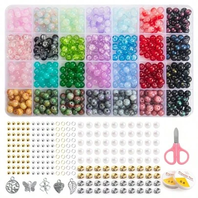 QIAO Multicolor Glass Beads Kit For Jewelry Making - 24 Grid Crackle Beads With Charms, Scissors & Findings For DIY Bracelet, Necklace, Earring Crafts