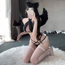 Sexy Lingerie Cosplay 2-Piece Bra And Panties, Lace Cool Summer, Extreme, Open Neckline, Exposed Breasts, Women's Cosplay, Cute, Passionate Pants - 6976309825467 黑[繫帶胸罩 內褲] - 查看 2