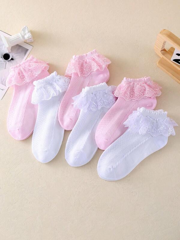 6 Pairs Children Lace Trim Mid-Calf Socks, Girls White Dance Socks, All Season