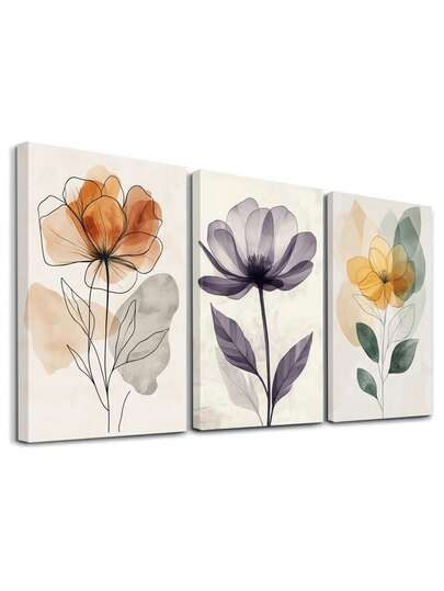 Juego de 3 obras de arte de pared de flores abstractas, elegante impresión en lienzo, obras de arte modernas de colores suaves, arte contemporáneo de pared, decoración de pared inspirada en la naturaleza, impresiones artísticas, decoración del hogar, pósteres, regalo ideal, con o sin marco