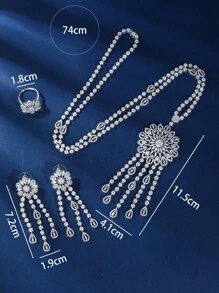 Set de 3 piezas de collar, aretes y pulsera minimalistas de longitud para suéter, con circonita cúbica plateada, adecuado para el uso en bodas y banquetes de mujer, en otoño/invierno