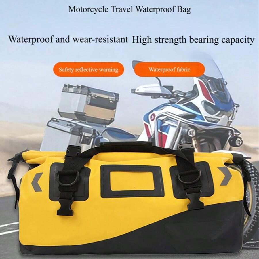 摩托车旅行包，全天候防水，耐用，高强度，易于清洁的行李包，带反光条，黄色，黑色