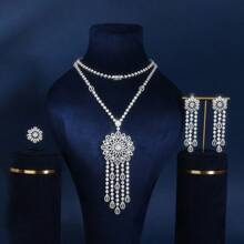 Set de 3 piezas de collar, aretes y pulsera minimalistas de longitud para suéter, con circonita cúbica plateada, adecuado para el uso en bodas y banquetes de mujer, en otoño/invierno