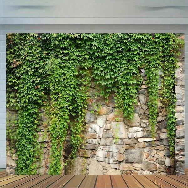 2D Vintage Stenen Muur met Groene Bladeren Lentetuin Achtergrond - Gemaakt van Polyester, Vereist Geen Stroom, Geschikt voor Feest- en Evenementachtergronden
