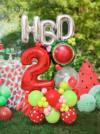 36pcs/Set Watermelon Theme Party Decorations, 32" Red Number 0-9 Birthday Number Balloons, 16" Silver "HBD" Happy Birthday Phrase Banner Balloons, 18" Watermelon Print Round Foil Balloons, 24" Clear Bubble Inflatable Balloons (No Stretch), 10" Red & Green Latex Balloons, 5" Macaron Latex Balloons, Baby Shower, Summer Watermelon Theme Beach Vacation Fruit Theme Party Supplies