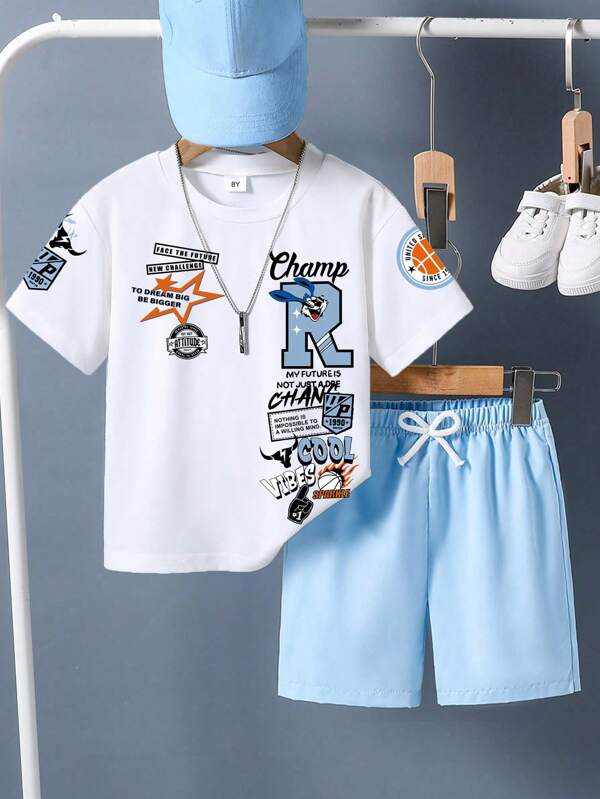 Tween Boys' Letter Print Short Sleeve T-Shirt And Shorts Summer Outfit
