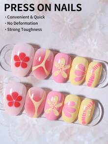 24 件短椭圆形 3D 凝胶指甲制作花朵指甲设计法式亚克力按压指甲短完美贴合假指甲套装，包括：1 件果冻胶和 1 件指甲锉，易于佩戴夏季指甲和法式尖头按压指甲艺术，适合女性和女孩日常生活狂欢派对使用
