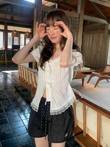 Sweet Girl Puff Sleeve Lace Trim Tie Waist Slim Fit White Blouse