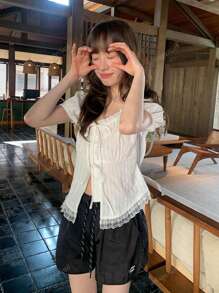 Sweet Girl Puff Sleeve Lace Trim Tie Waist Slim Fit White Blouse